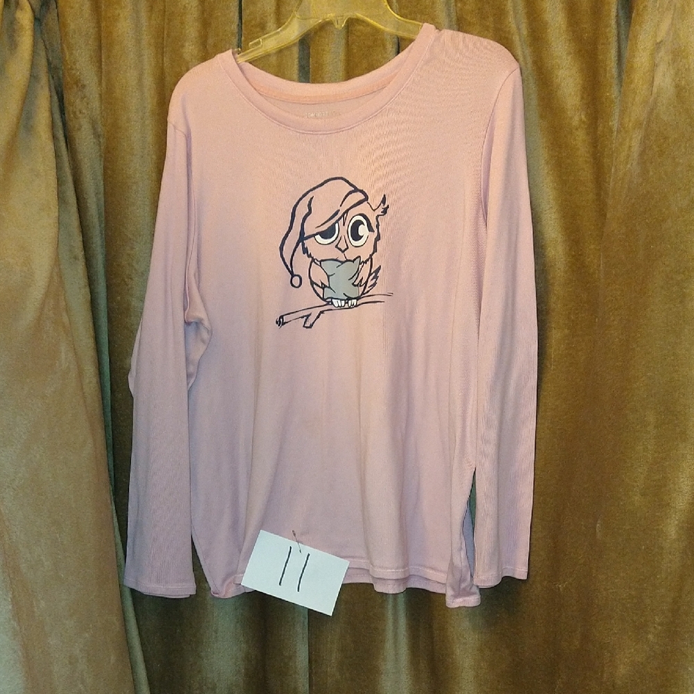 Comfort Colors Pink Long Sleeve Tee with Owl Design, Size 1X